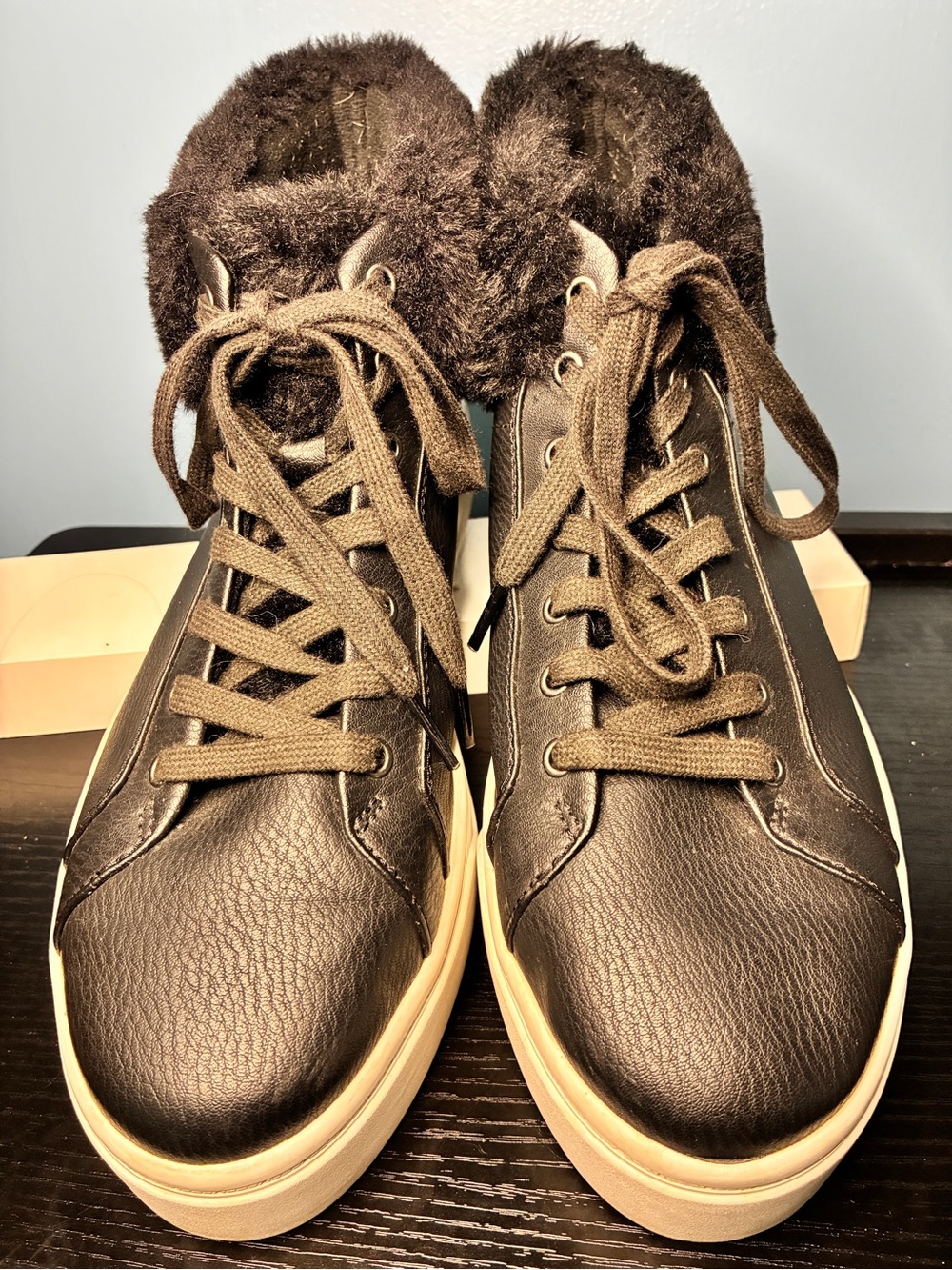 UGG Koolaburra Black Leather Lace-Up Sneakers with Faux-Fur Collar